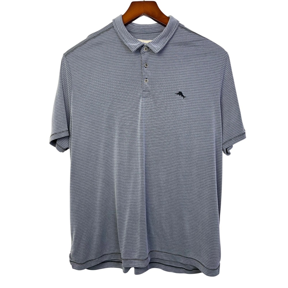 Tommy Bahama‎ Men's XXL Polo Shirt Gray Striped Short Sleeve Casual Golf